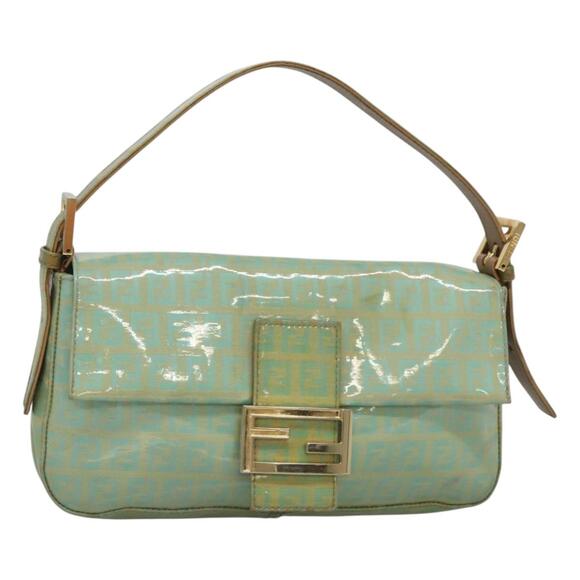 FENDI Zucchino Canvas Mamma Baguette Shoulder Bag Enamel Green Gold - Picture 1 of 12